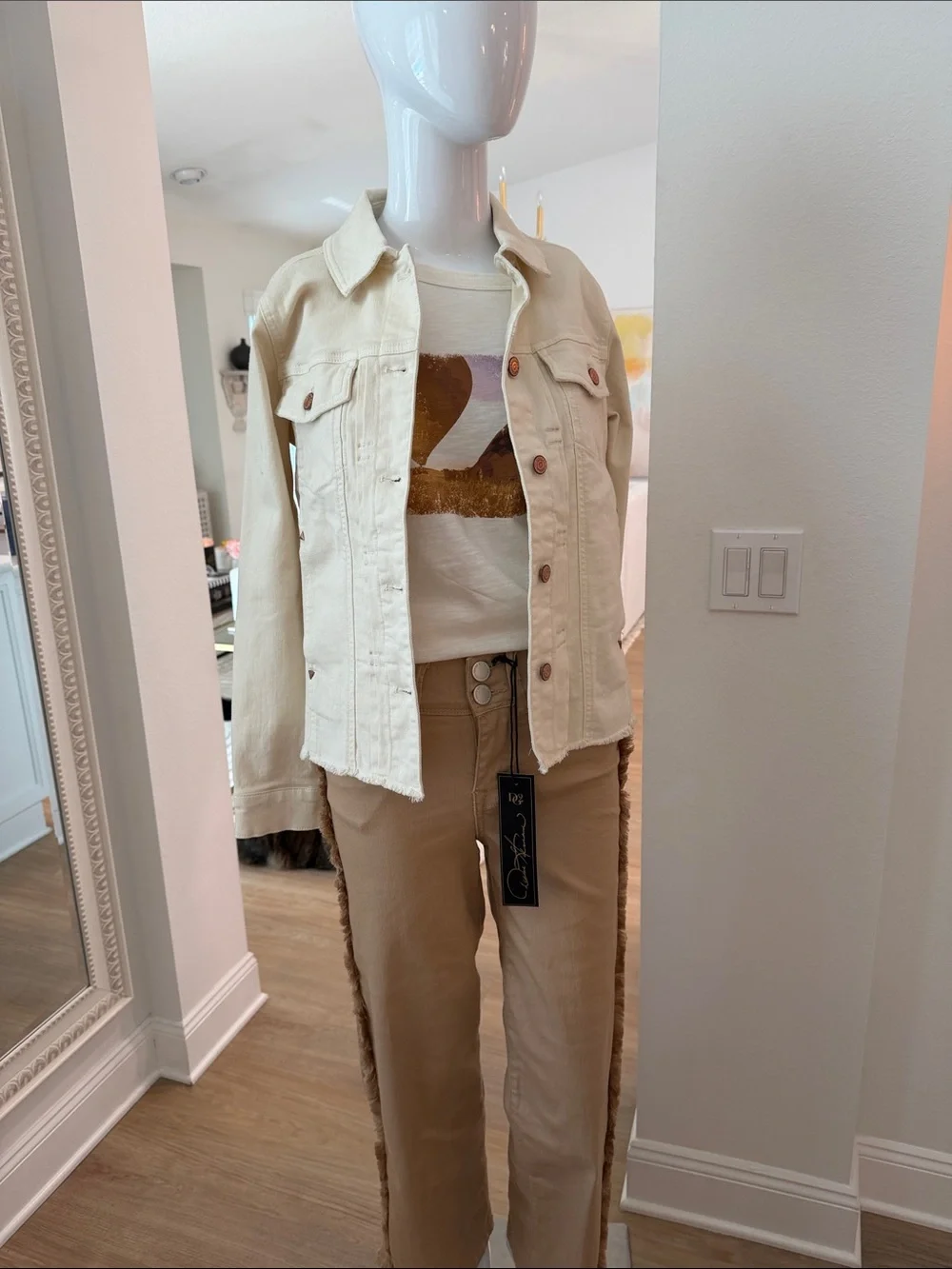 DG2  Tan Straight-Leg Jeans with Frayed Side Trim